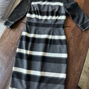 White House Black Market Black, Gray & White Striped Midi Sheath Dress